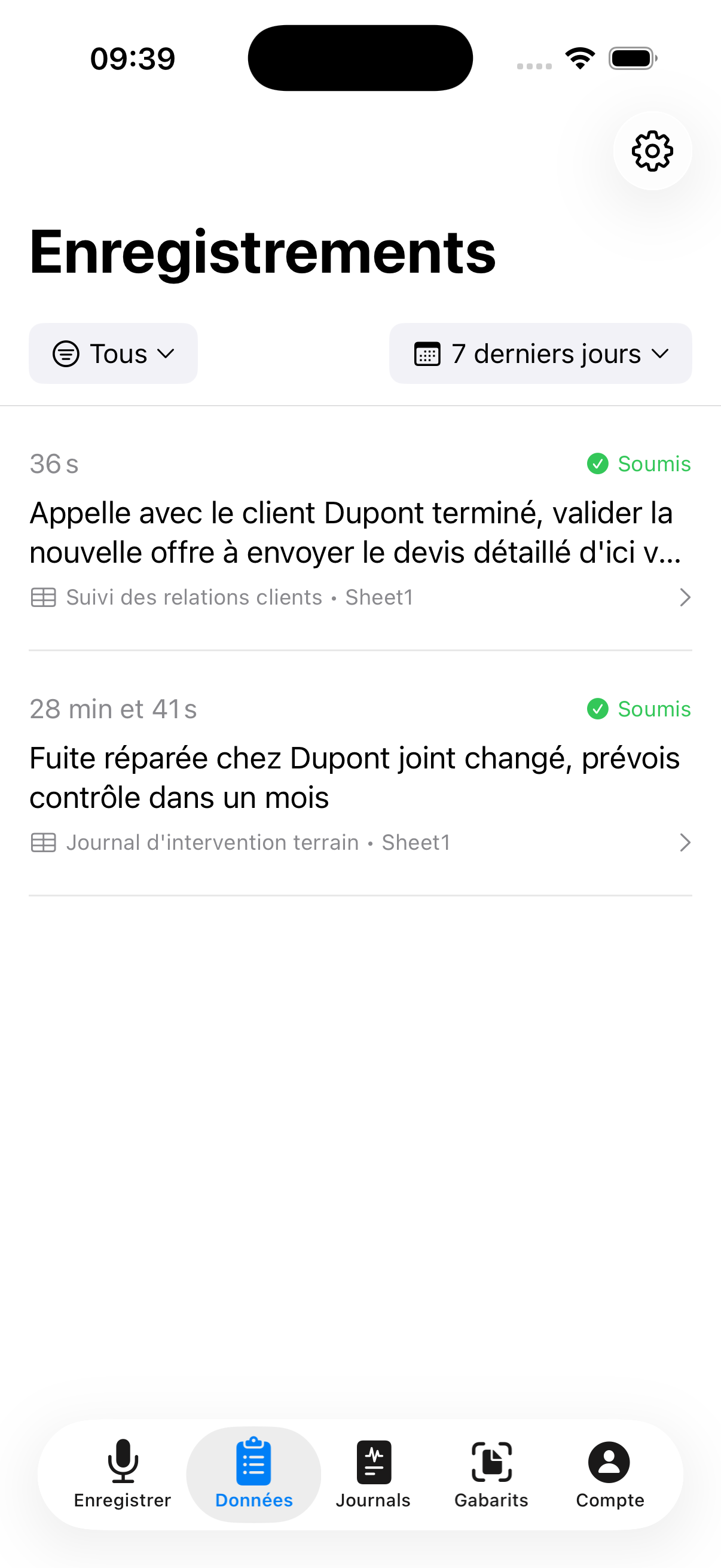 Liste des enregistrements